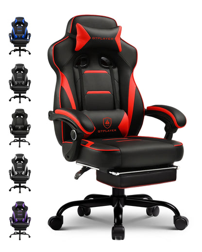 GTPLAYER Gaming chair with footrest, ergonomic office chair 180kg, heavy-duty gaming armchair with lumbar support and headrest, height-adjustable computer chair, padded, reclining 155°