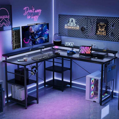 L-Shaped Computer Desk, with Power Outlets & Led Light Strip, Adjustable Height, Modern Stylish Design, Black