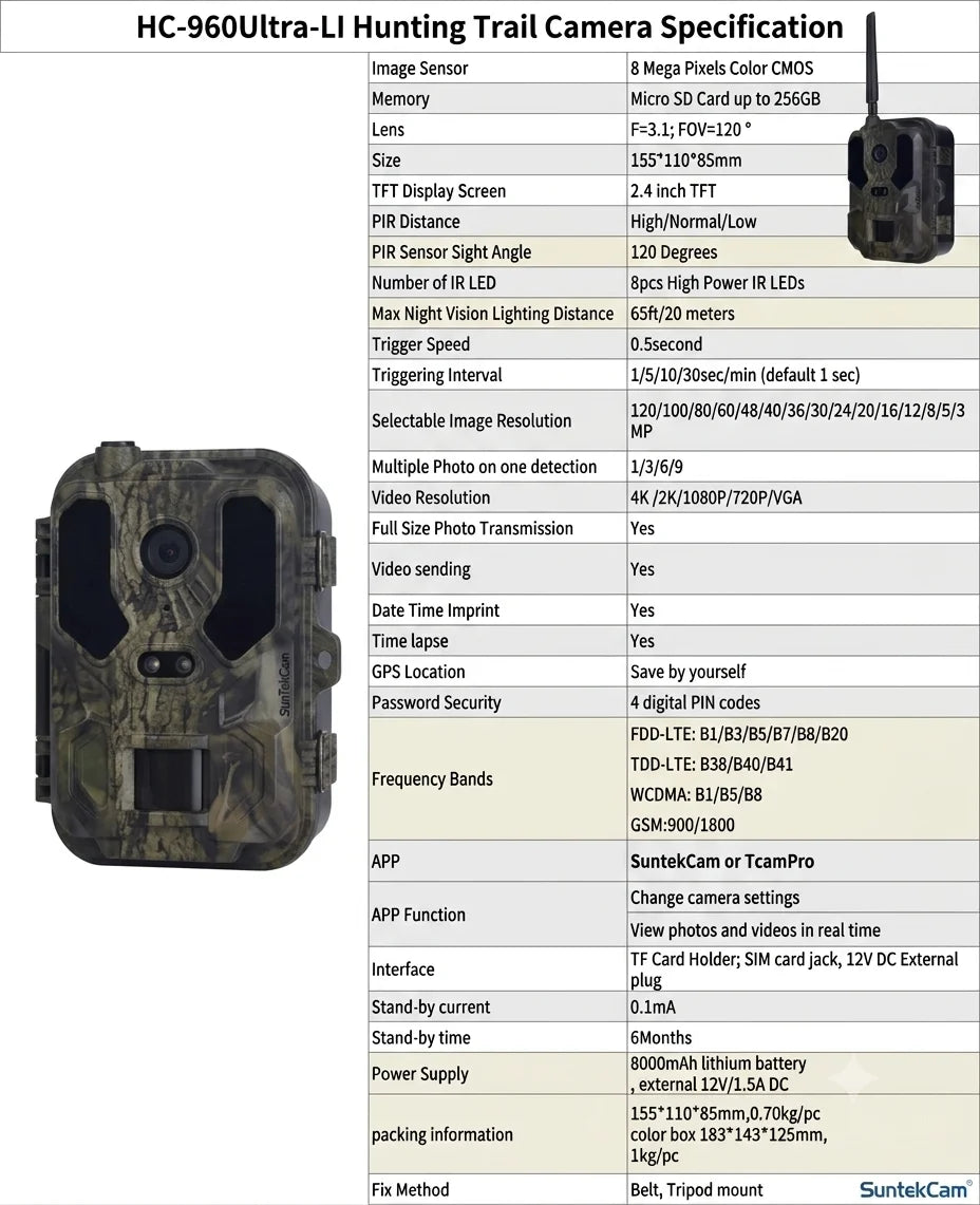 4G LTE Hunting Camera with APP Control 4K Live Video Stream Cloud Service FTP SMTP 8000mAh Battery HC-960Ultra-LI