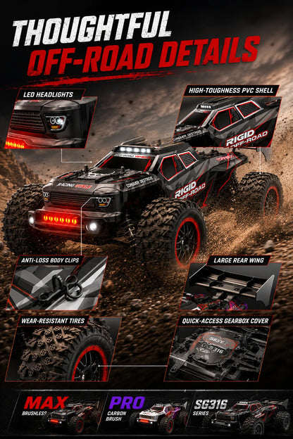 4Wd Brushless Rc Car 75Km/H Metal Differential Shaft Drive Independent Shock Absorbers Led Headlights 2.4g 300m Remote Control Off-Road Hobby Vehicle