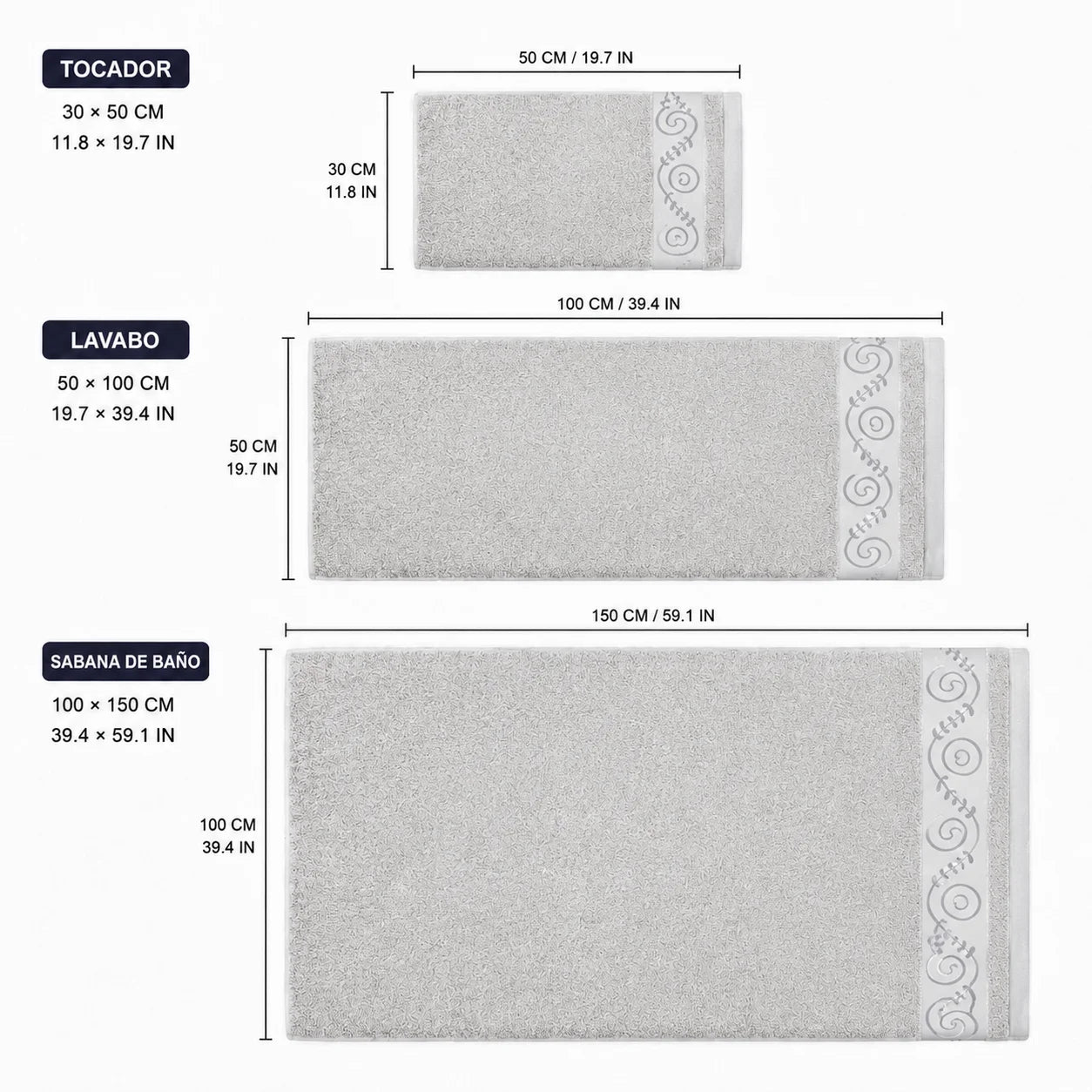 Set of 3 100% Natural Cotton Towels with Elegant Embroidery, 12 Colors Available, Set Consisting of Toilet Towel 30×50cm, Washbasin Towel 50×100cm and Bath Sheet 100×150cm, High Absorbency, Soft on the Skin, Machine Washab