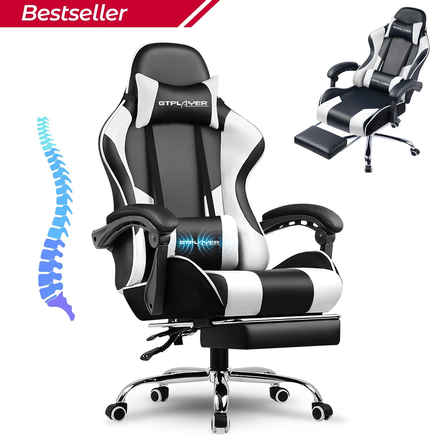 GTPLAYER Gaming chair with massage Lumin cushion & footrest, Ergonomic office chair with padded seat, swivel chair up to 150 kg