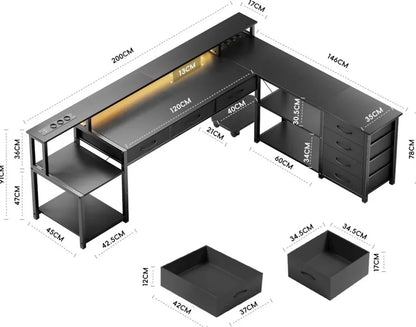 Computer Desk, Corner Desk with Storage Drawers, Power Outlets and USB Ports, Monitor Shelf, Led Lights Black/White