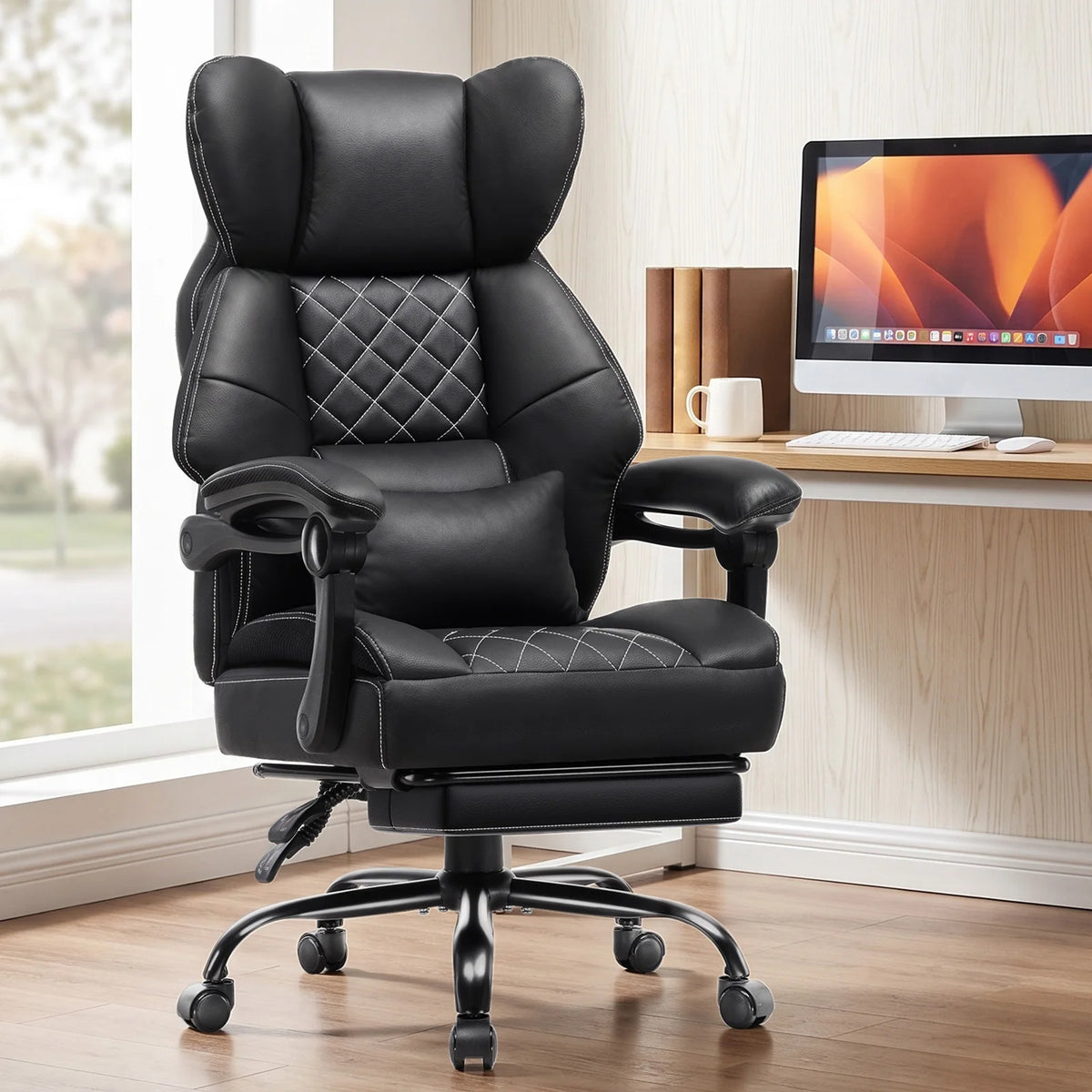 Gtplayer Gaming Chair, Ergonomic Office Chair with Footrest and Lumbar Support, High Back Executive Chair for Tall, Wide Computer Chair, Height Adjustable, Synchronous Armrest, Spring Core Seat