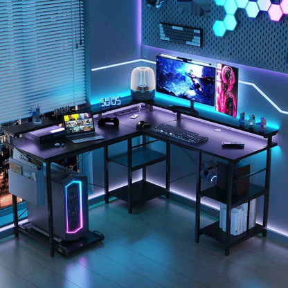 L-Shaped Computer Desk, with Power Outlets & Led Light Strip, Adjustable Height, Modern Stylish Design, Black