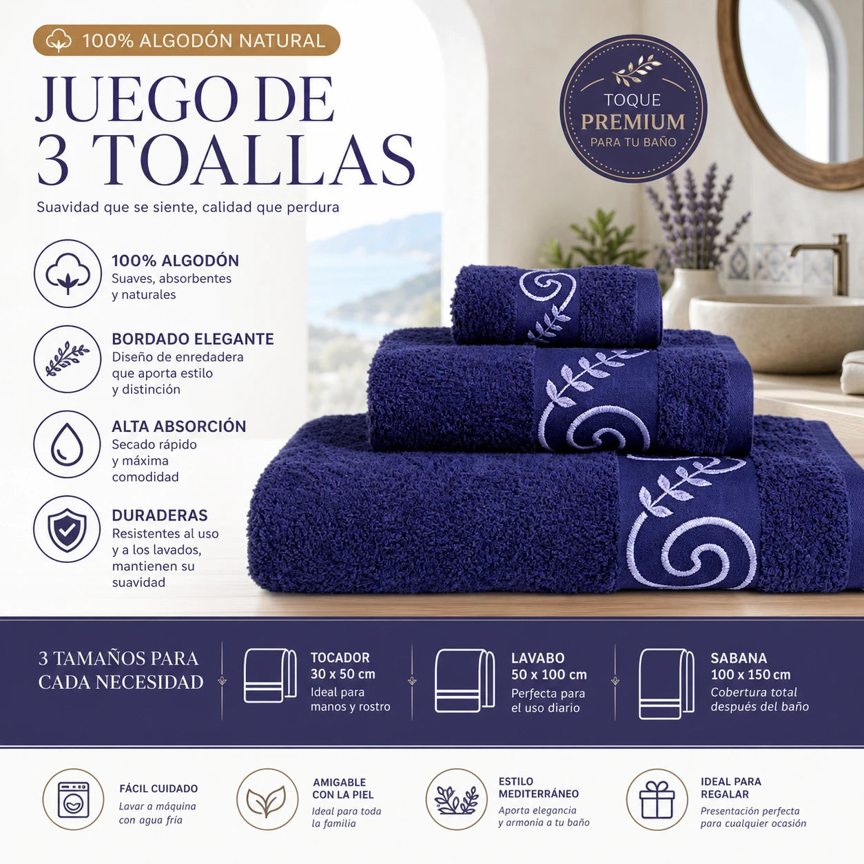 Set of 3 100% Natural Cotton Towels with Elegant Embroidery, 12 Colors Available, Set Consisting of Toilet Towel 30×50cm, Washbasin Towel 50×100cm and Bath Sheet 100×150cm, High Absorbency, Soft on the Skin, Machine Washab