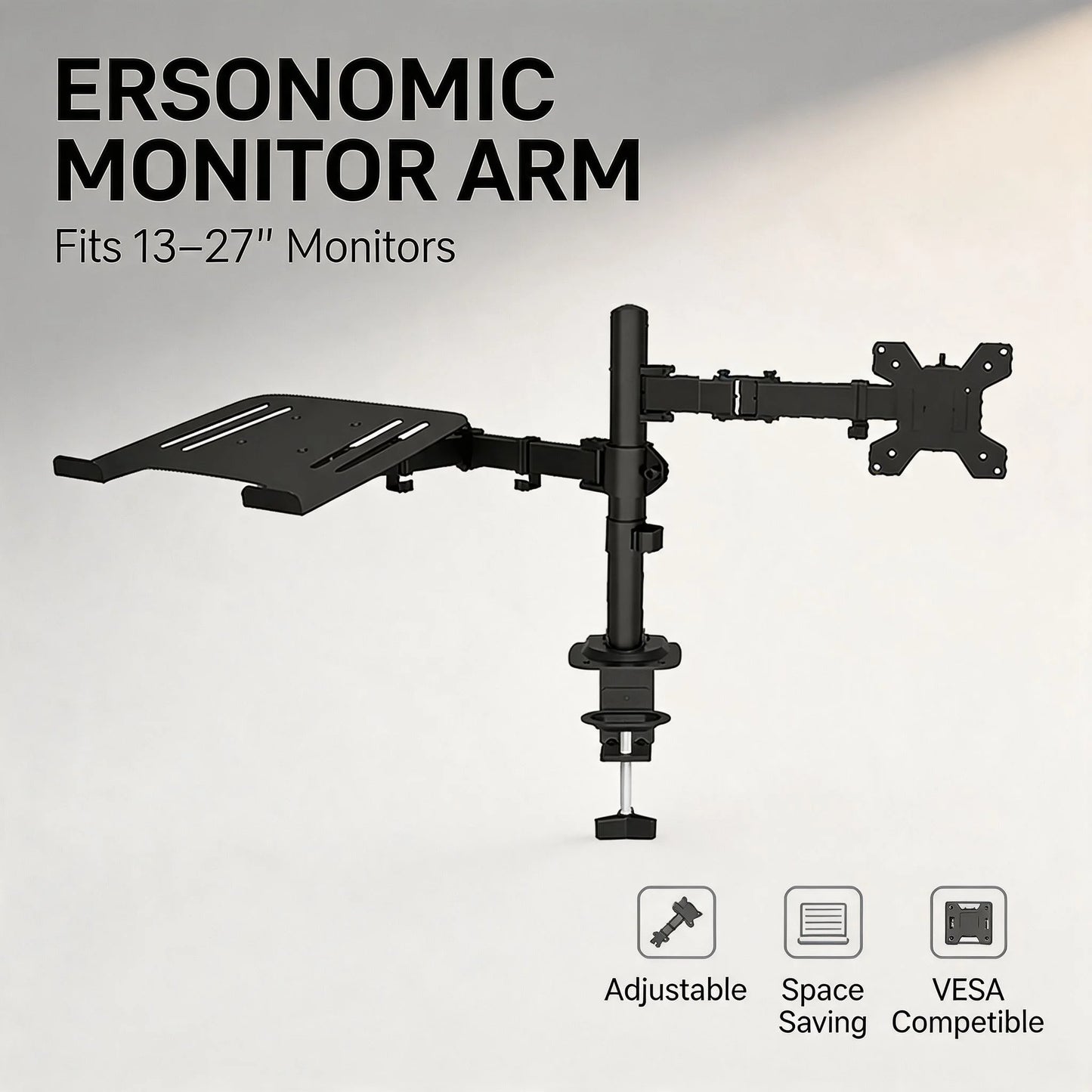 Ergonomisk Monitorarm för Skrivbord 13–27" – VESA 75x75/100x100 Justerbar Höjd Kabelhantering 8kg Stål EU-lager Polen