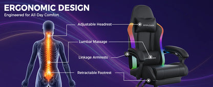 GTPLAYER Gaming Chair, Office Chair, Gaming Chair with LED Light Bar and Massage Function, Gamer Chair, Backrest with Storage Bag Ergonomic PC Chair with Remote Control
