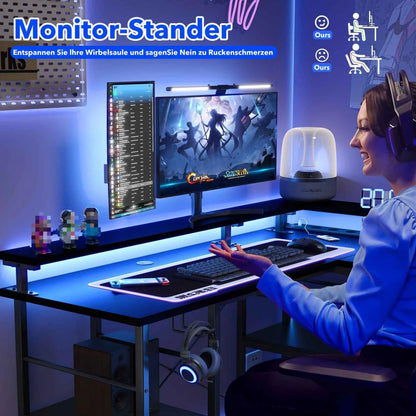 L-Shaped Computer Desk, with Power Outlets & Led Light Strip, Adjustable Height, Modern Stylish Design, Black