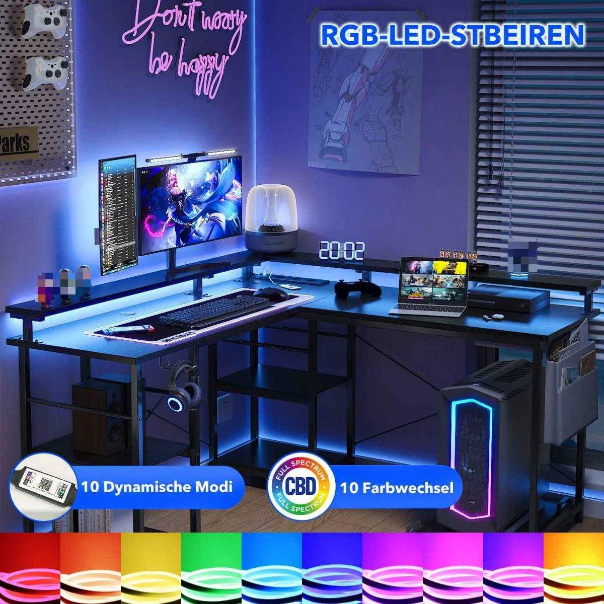 L-Shaped Computer Desk, with Power Outlets & Led Light Strip, Adjustable Height, Modern Stylish Design, Black