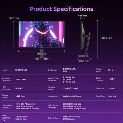 TITAN ARMY KF271S PLUS 27inch 240Hz Gaming Monitor - QHD Fast IPS, 2560x1440, HDR400, Height-Adjustable Stand, Dual RGB Edge Lights, DP/HDMI, Competitive Esports & Pro Gaming