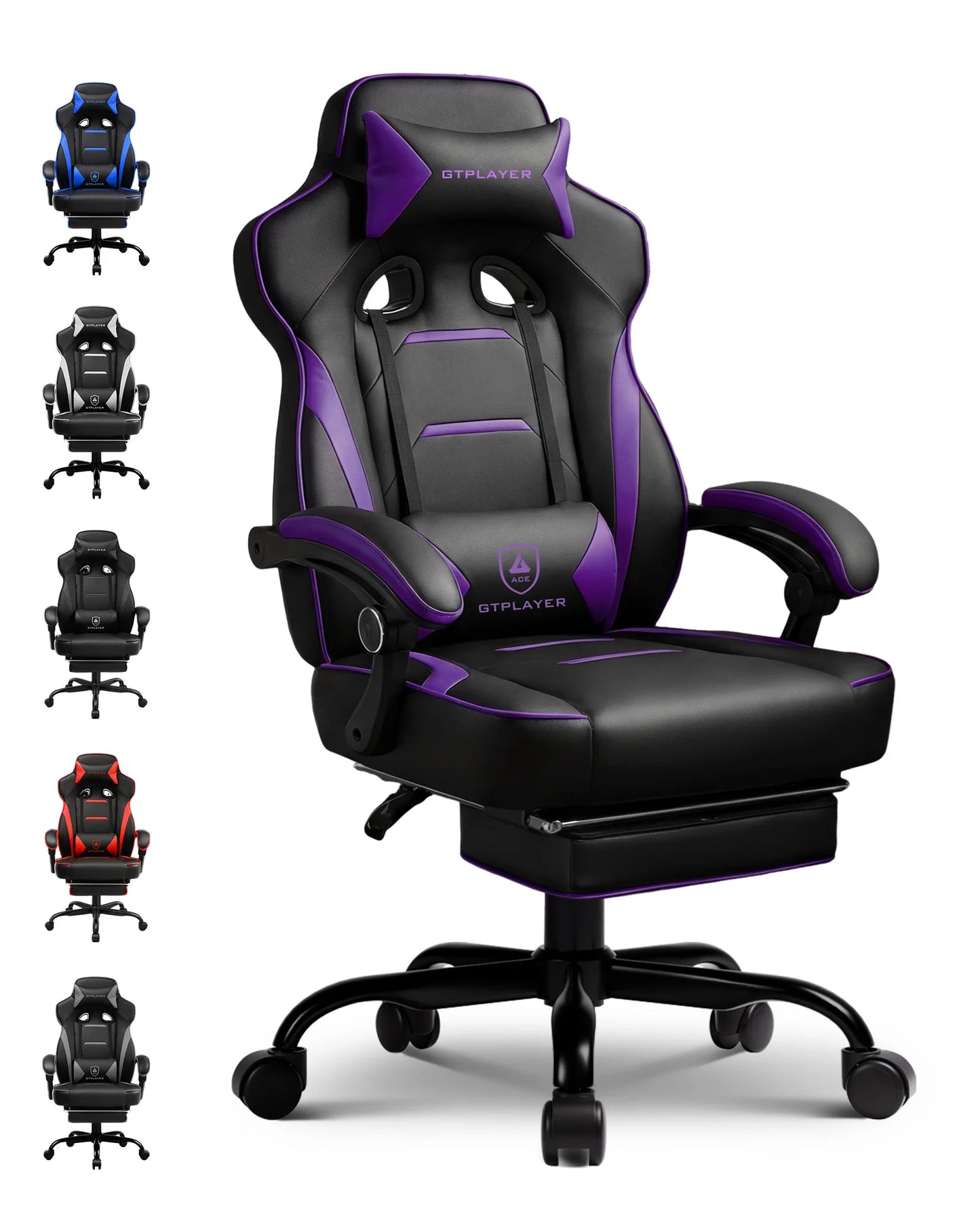 GTPLAYER Gaming chair with footrest, ergonomic office chair 180kg, heavy-duty gaming armchair with lumbar support and headrest, height-adjustable computer chair, padded, reclining 155°