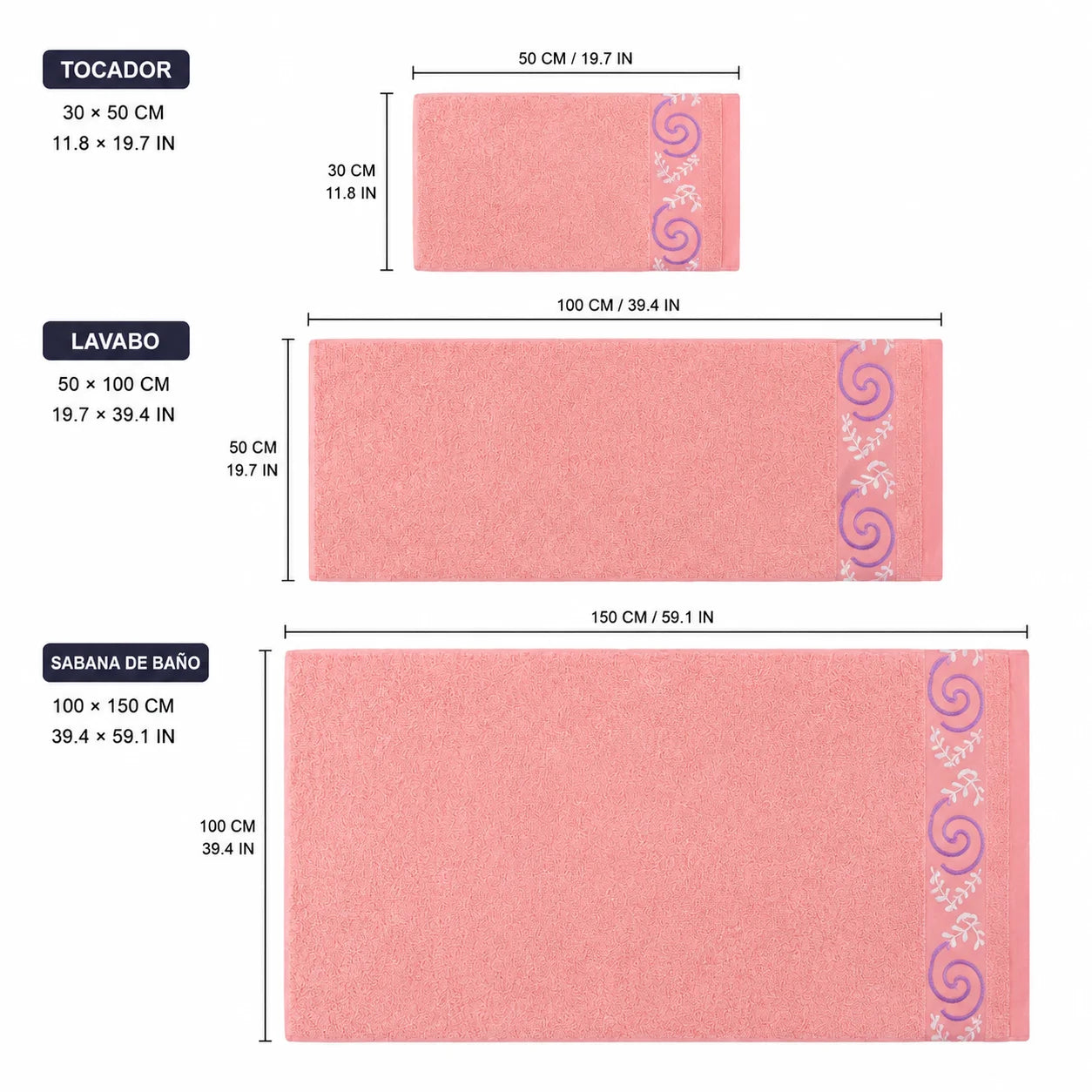 Set of 3 100% Natural Cotton Towels with Elegant Embroidery, 12 Colors Available, Set Consisting of Toilet Towel 30×50cm, Washbasin Towel 50×100cm and Bath Sheet 100×150cm, High Absorbency, Soft on the Skin, Machine Washab