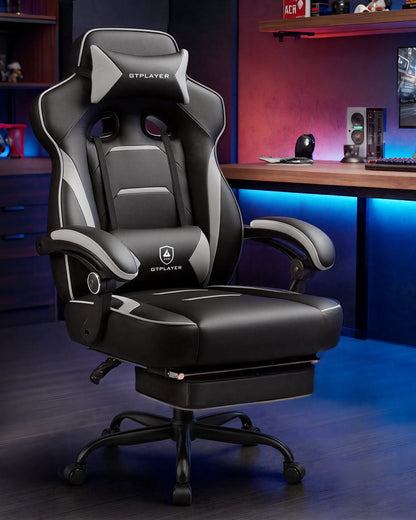 GTPLAYER Gaming chair with footrest, ergonomic office chair 180kg, heavy-duty gaming armchair with lumbar support and headrest, height-adjustable computer chair, padded, reclining 155°