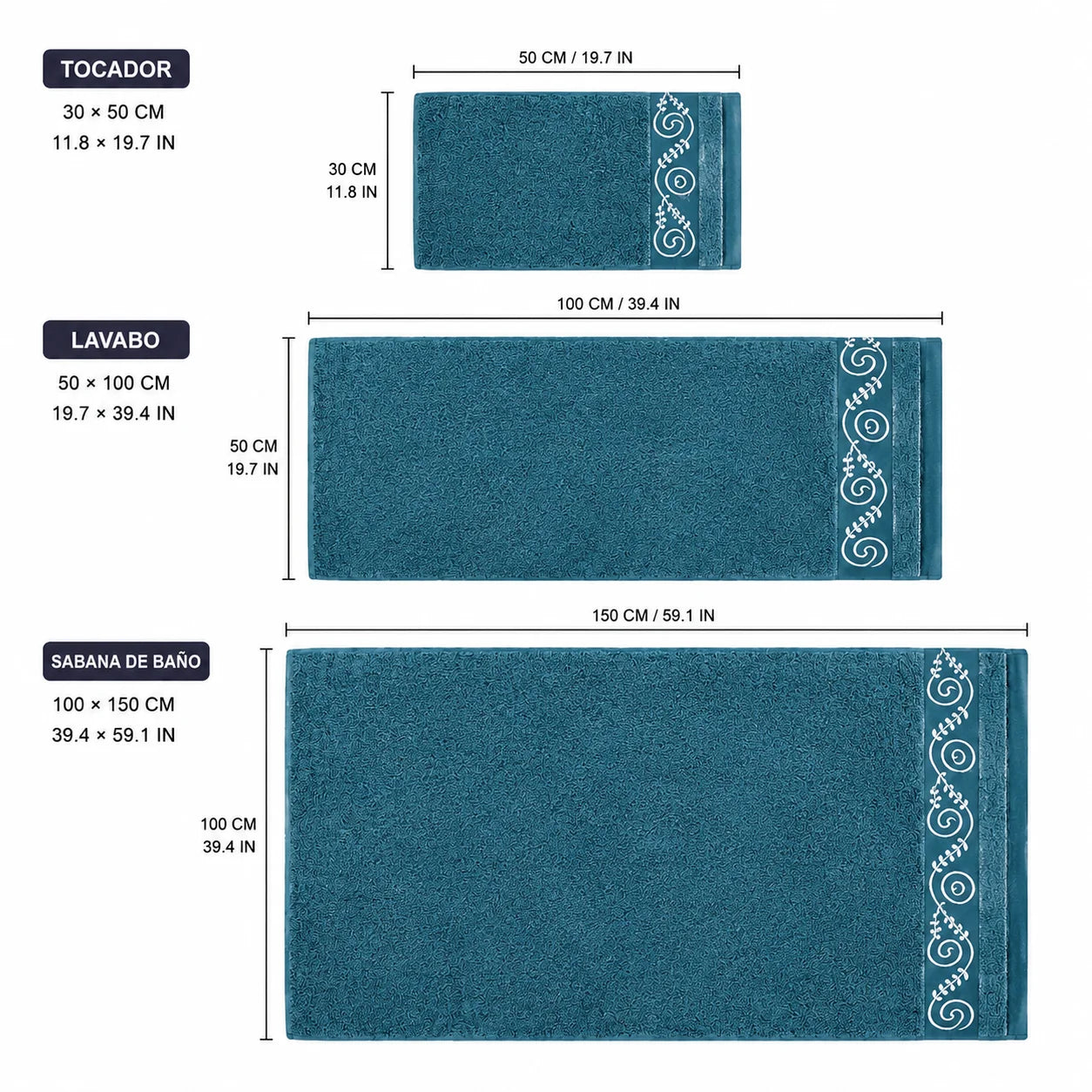 Set of 3 100% Natural Cotton Towels with Elegant Embroidery, 12 Colors Available, Set Consisting of Toilet Towel 30×50cm, Washbasin Towel 50×100cm and Bath Sheet 100×150cm, High Absorbency, Soft on the Skin, Machine Washab