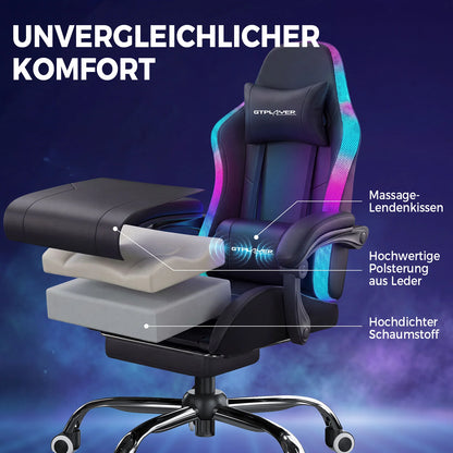 GTPLAYER Gaming Chair, Office Chair, Gaming Chair with LED Light Bar and Massage Function, Gamer Chair, Backrest with Storage Bag Ergonomic PC Chair with Remote Control