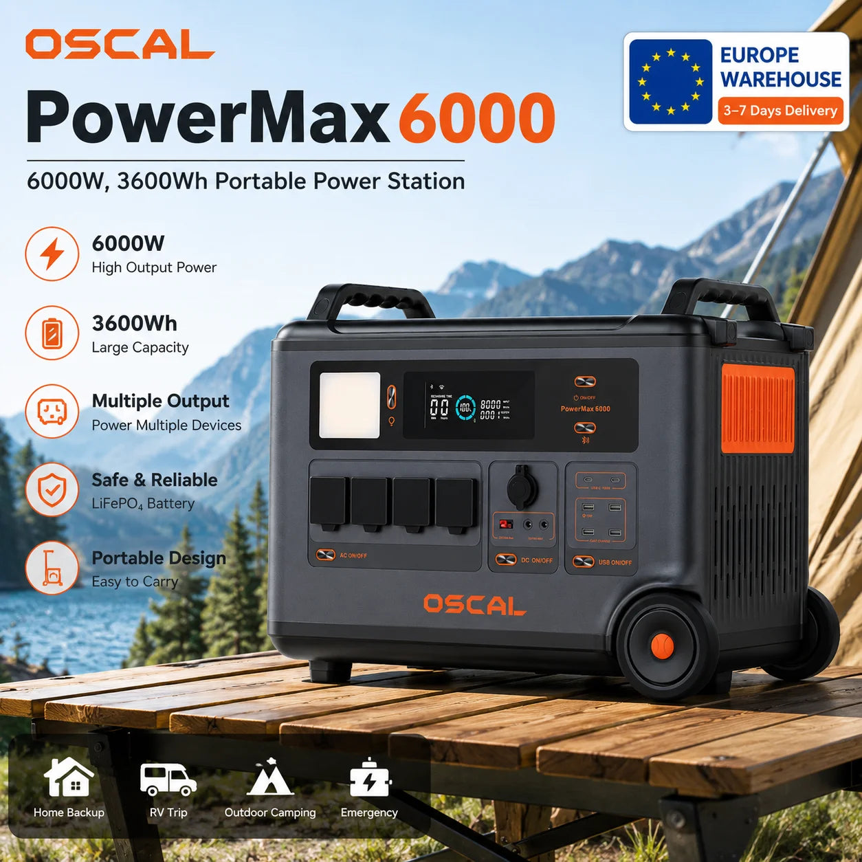 Portable Power Station 6000W,3600Wh LiFePO4 Solar Generator Expandable to 57600Wh Split Phase 120V/240V UPS 1.96H Fast Charge APP Control for  for Camping & Motorhome, Emergency Power Supply