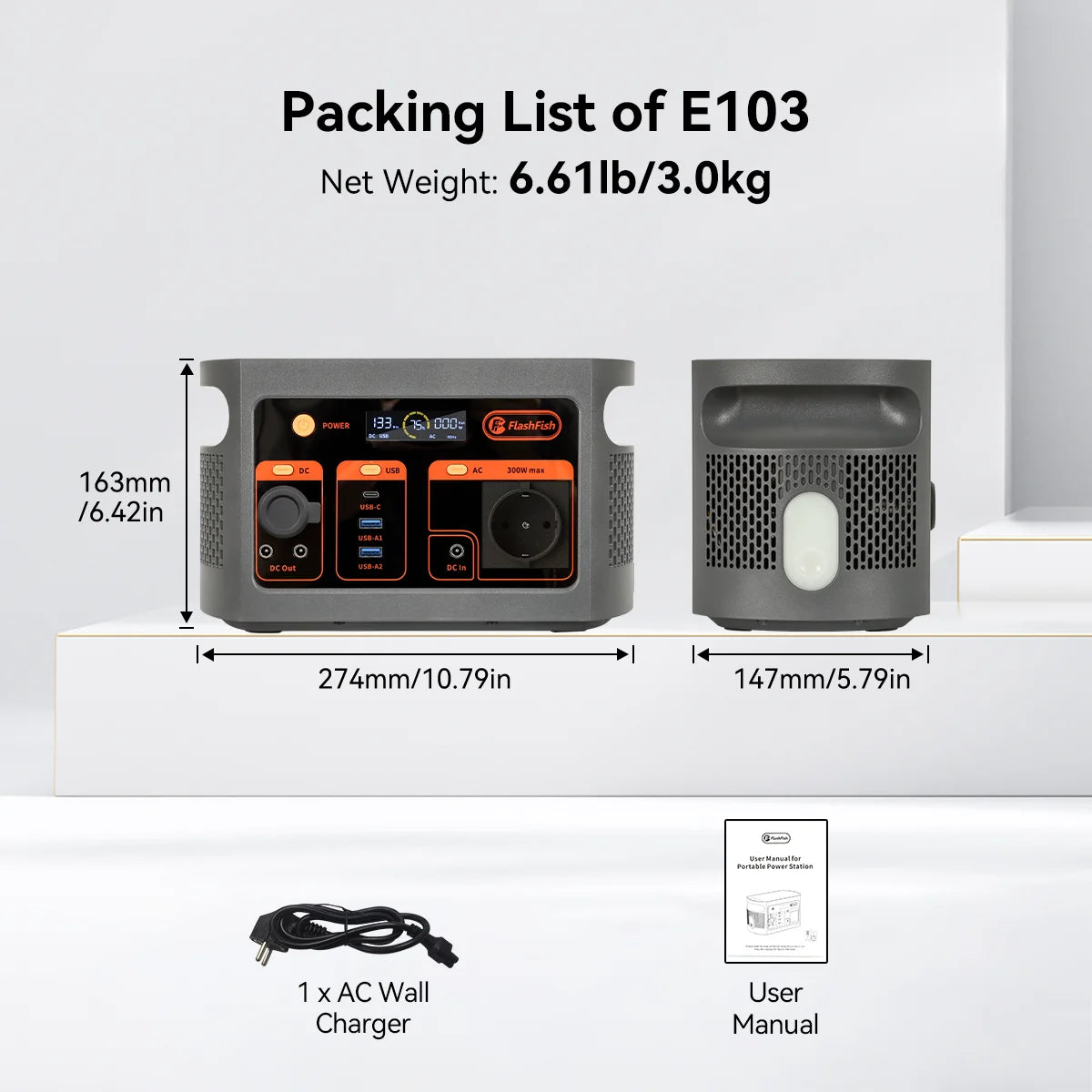 FF Flashfish E103 300W Portable Power Station, 179.2Wh LiFePO4 Battery, Fast AC Recharge, Multi-Output Solar Generator for Outdoor/Camping/Emergency Power