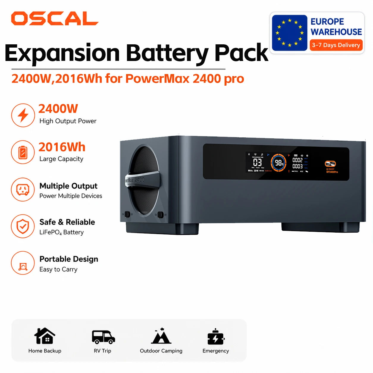 Oscal BP2400pro Portable Power Station 2016Wh Expansion Battery Pack for For PowerMax 2400 pro Solar Generator,1.2H Fast Charge,Dual Speakers,Smart APP Control&Monitoring,,3500+ Cycles for Outdoor Camping RV Home Backup