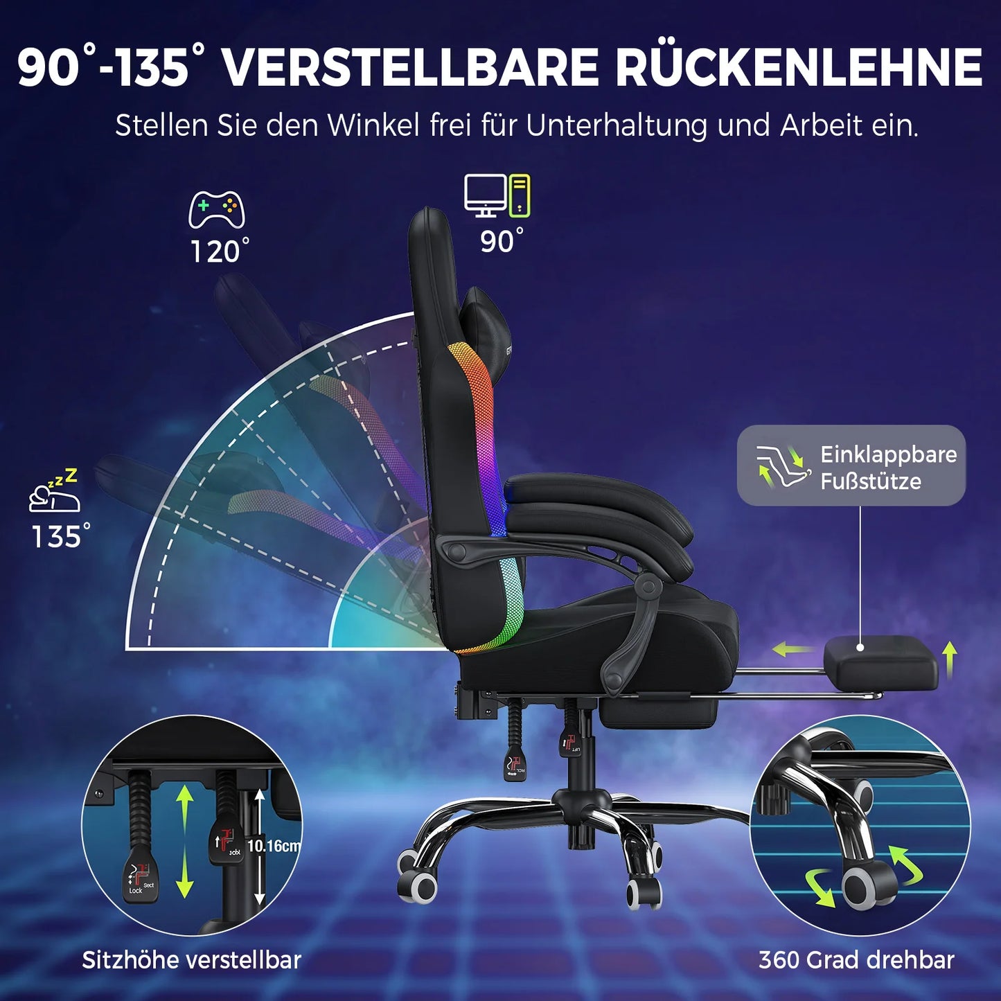 GTPLAYER Gaming Chair, Office Chair, Gaming Chair with LED Light Bar and Massage Function, Gamer Chair, Backrest with Storage Bag Ergonomic PC Chair with Remote Control