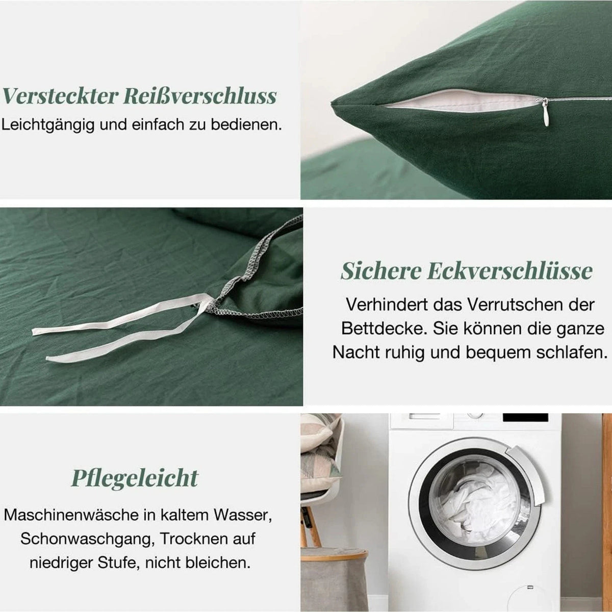 Mörkgrönt bäddset med dragkedja – 135 × 200, 155 × 220 eller 200 × 200 cm