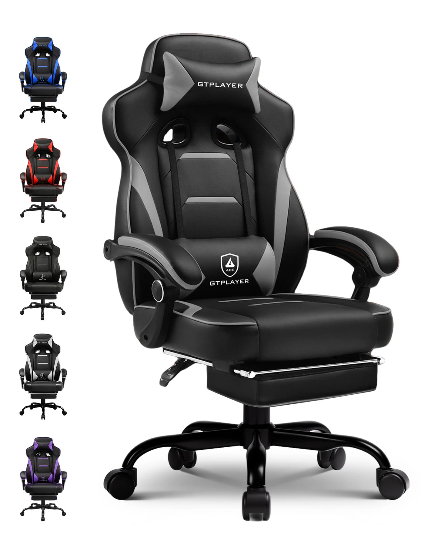 GTPLAYER Gaming chair with footrest, ergonomic office chair 180kg, heavy-duty gaming armchair with lumbar support and headrest, height-adjustable computer chair, padded, reclining 155°