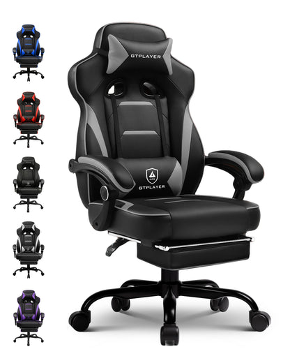 GTPLAYER Gaming chair with footrest, ergonomic office chair 180kg, heavy-duty gaming armchair with lumbar support and headrest, height-adjustable computer chair, padded, reclining 155°