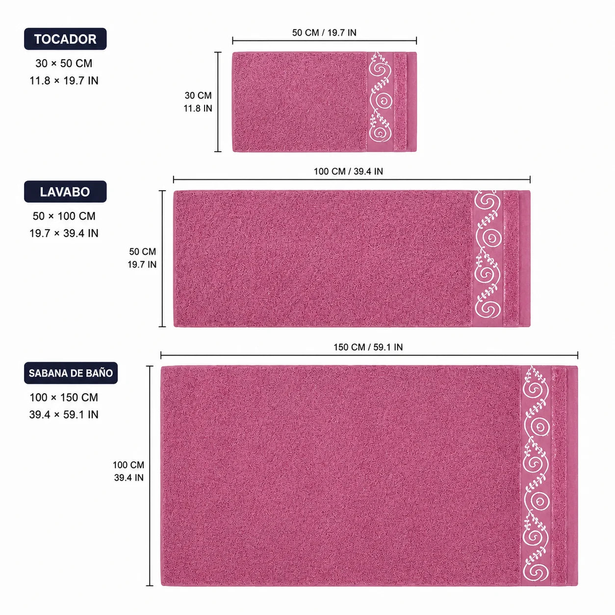 Set of 3 100% Natural Cotton Towels with Elegant Embroidery, 12 Colors Available, Set Consisting of Toilet Towel 30×50cm, Washbasin Towel 50×100cm and Bath Sheet 100×150cm, High Absorbency, Soft on the Skin, Machine Washab