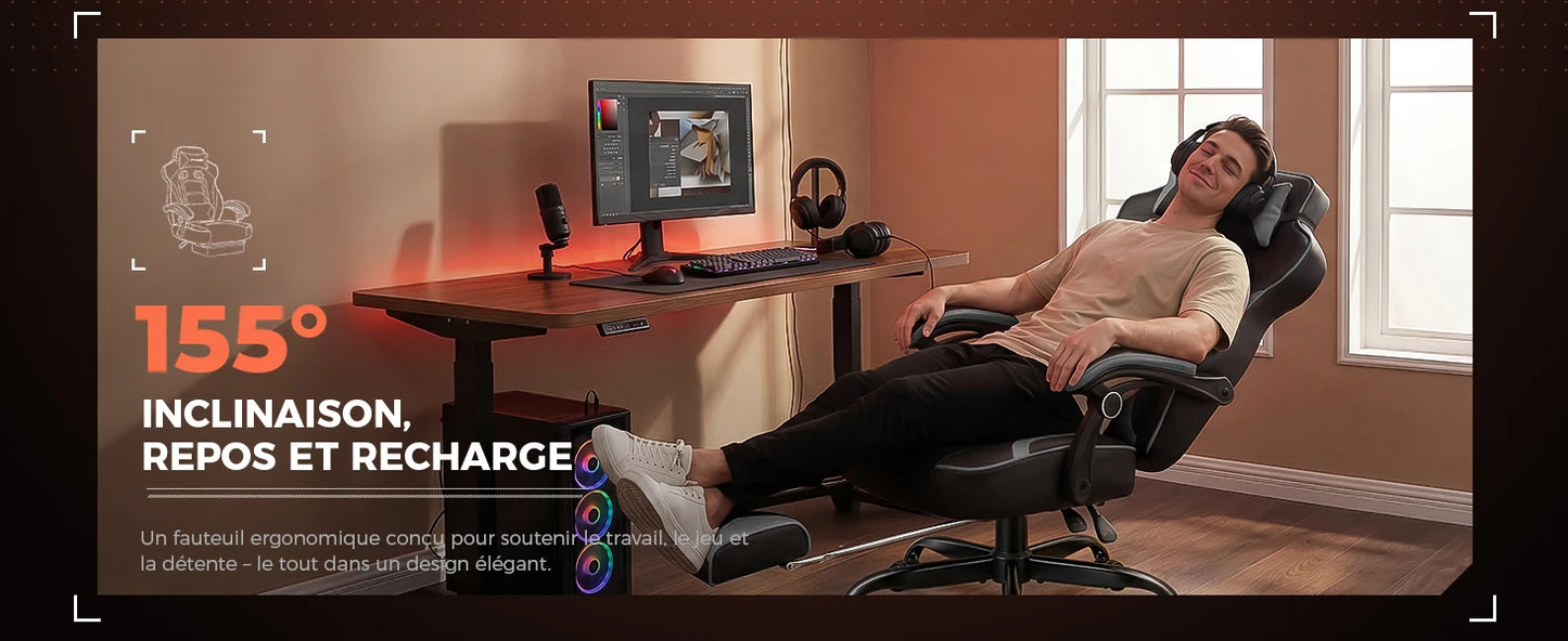 GTPLAYER Gaming chair with footrest, ergonomic office chair 180kg, heavy-duty gaming armchair with lumbar support and headrest, height-adjustable computer chair, padded, reclining 155°