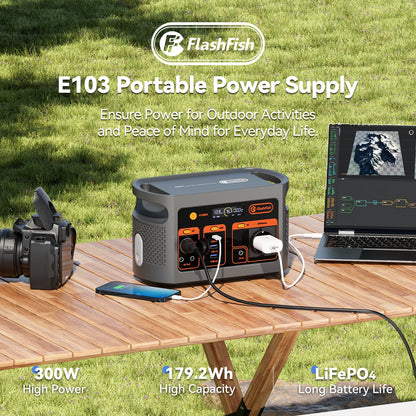 FF Flashfish E103 300W Portable Power Station, 179.2Wh LiFePO4 Battery, Fast AC Recharge, Multi-Output Solar Generator for Outdoor/Camping/Emergency Power