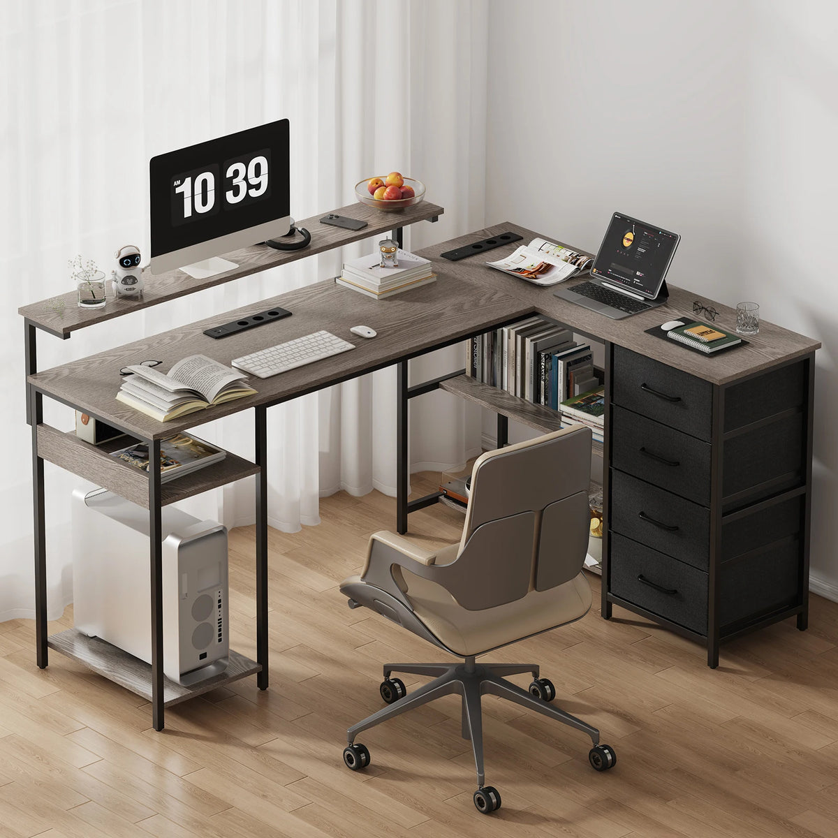 Corner Desk L Shaped Computer Desk with Monitor Stand Fabric Drawers & Storage Shelves Industrial Home Office Desk Wood Look Metal