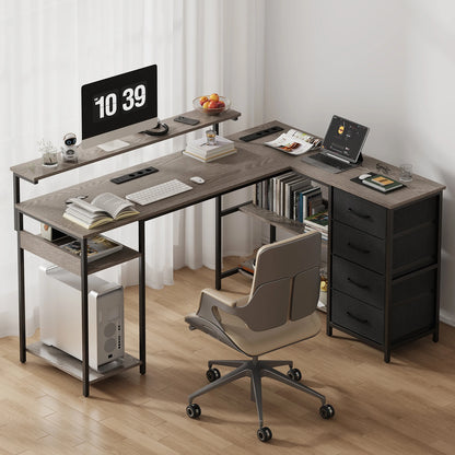 Corner Desk L Shaped Computer Desk with Monitor Stand Fabric Drawers & Storage Shelves Industrial Home Office Desk Wood Look Metal