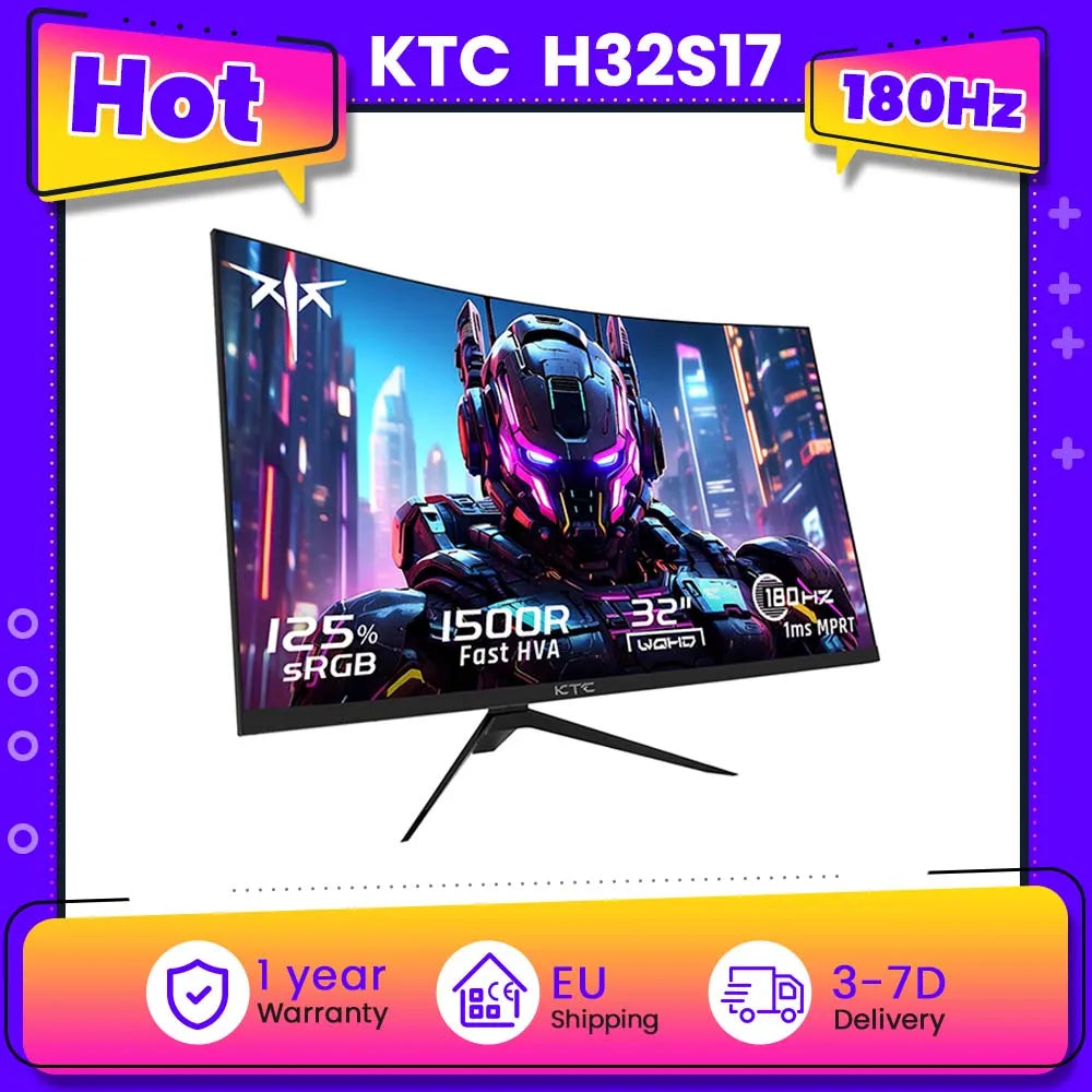 Ktc H32S17 32 Inch 1500R Curved Gaming Monitor 2560X1440 Qhd 180Hz 16:9 Eled 99% Srgb Hdr10 1Ms Mprt Response Time Low-Blue Compatible with Freesync and G-Sync USB Hdmi2.0 2Xdp1.4 Audio Out Flexible Adjustment with Sturdy Tri