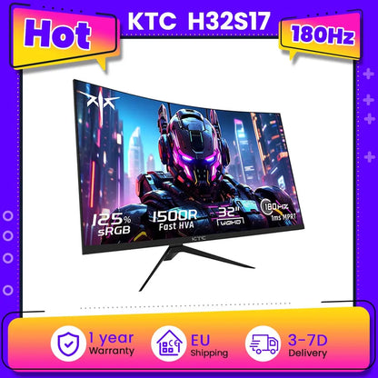 Ktc H32S17 32 Inch 1500R Curved Gaming Monitor 2560X1440 Qhd 180Hz 16:9 Eled 99% Srgb Hdr10 1Ms Mprt Response Time Low-Blue Compatible with Freesync and G-Sync USB Hdmi2.0 2Xdp1.4 Audio Out Flexible Adjustment with Sturdy Tri