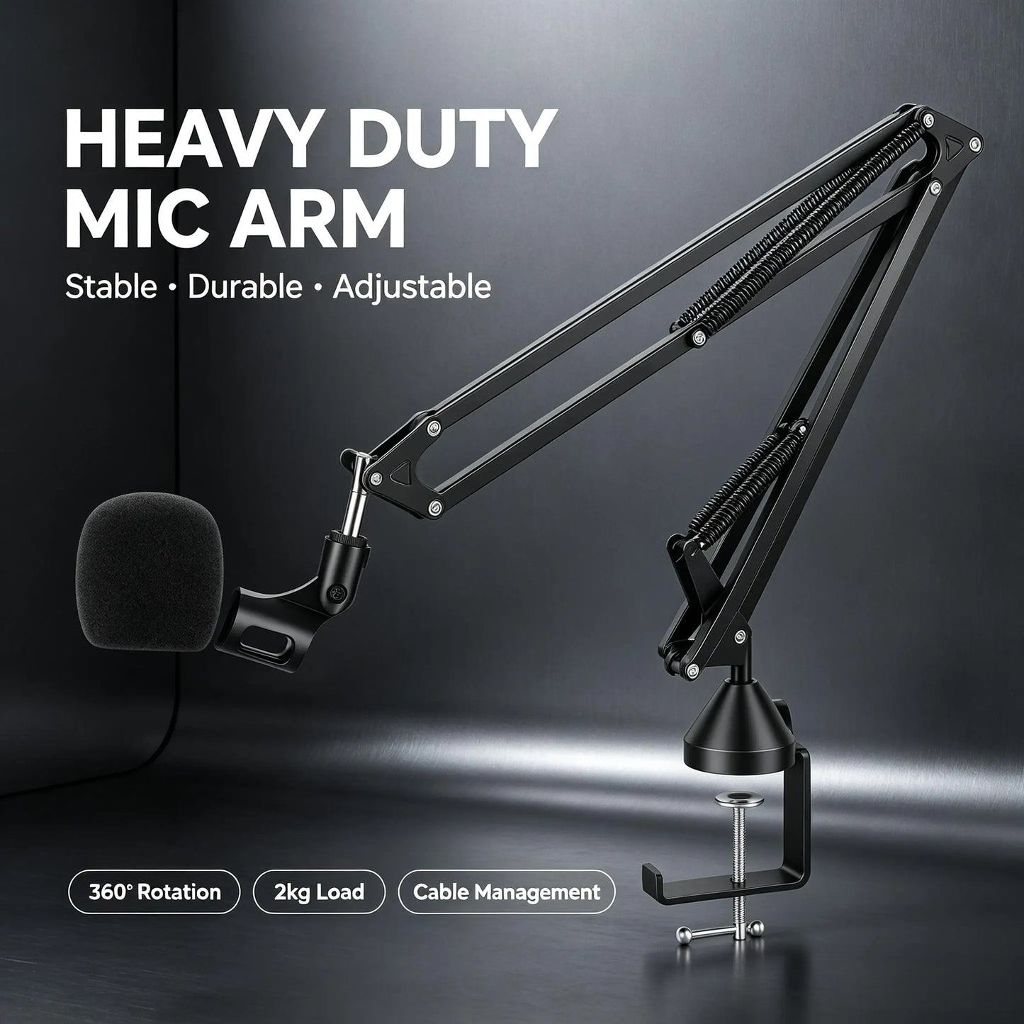 Heavy Duty Microphone Boom Arm Stand with Pop Filter, 2KG Load Capacity Adjustable Mic Scissor Arm with Cable Ties & 3/8" to 5/8" Adapter for Streaming Gaming Podcast