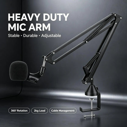 Heavy Duty Microphone Boom Arm Stand with Pop Filter, 2KG Load Capacity Adjustable Mic Scissor Arm with Cable Ties & 3/8" to 5/8" Adapter for Streaming Gaming Podcast
