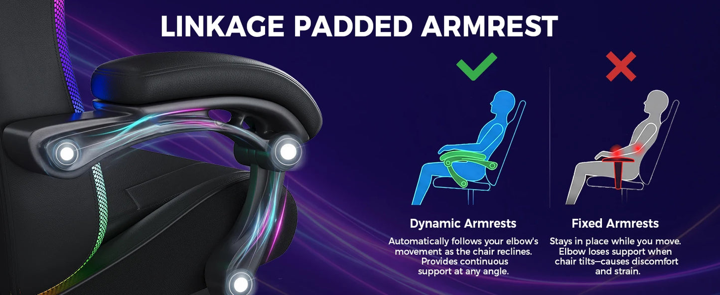 GTPLAYER Gaming Chair, Office Chair, Gaming Chair with LED Light Bar and Massage Function, Gamer Chair, Backrest with Storage Bag Ergonomic PC Chair with Remote Control