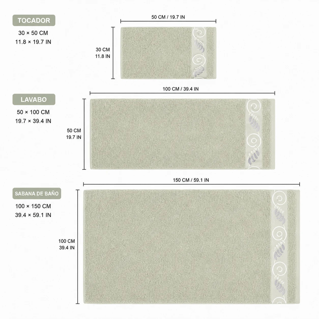 Set of 3 100% Natural Cotton Towels with Elegant Embroidery, 12 Colors Available, Set Consisting of Toilet Towel 30×50cm, Washbasin Towel 50×100cm and Bath Sheet 100×150cm, High Absorbency, Soft on the Skin, Machine Washab