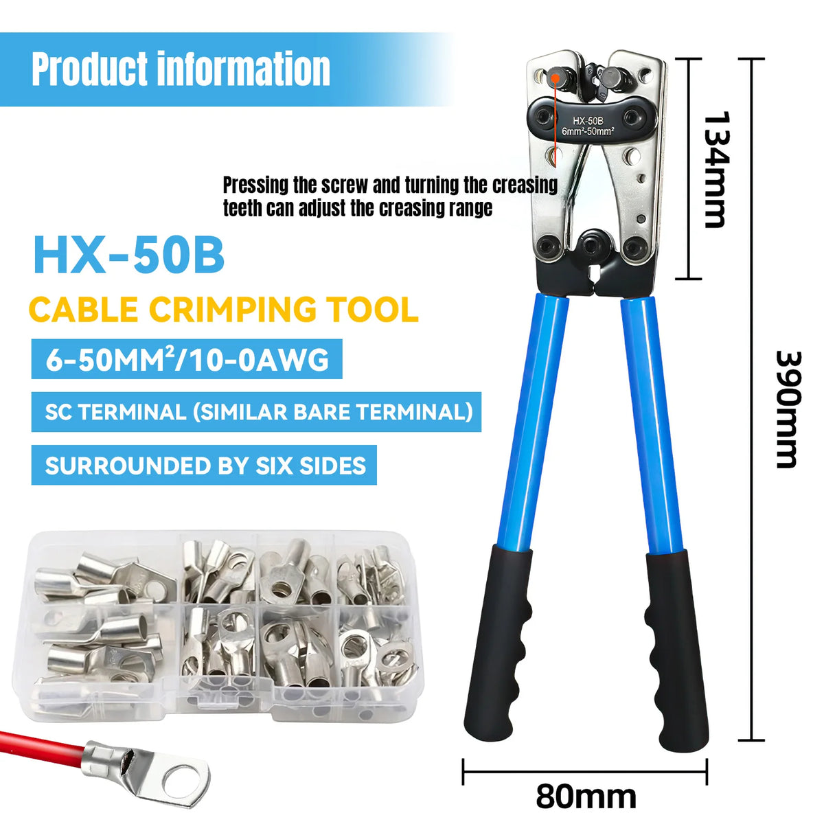 Bärbar manuell kabelskruvpress HX-50B krimpstänger 6-50 mm² / AWG 10-0 hylsterminal krimpverktyg sexkantiga kabeltänger