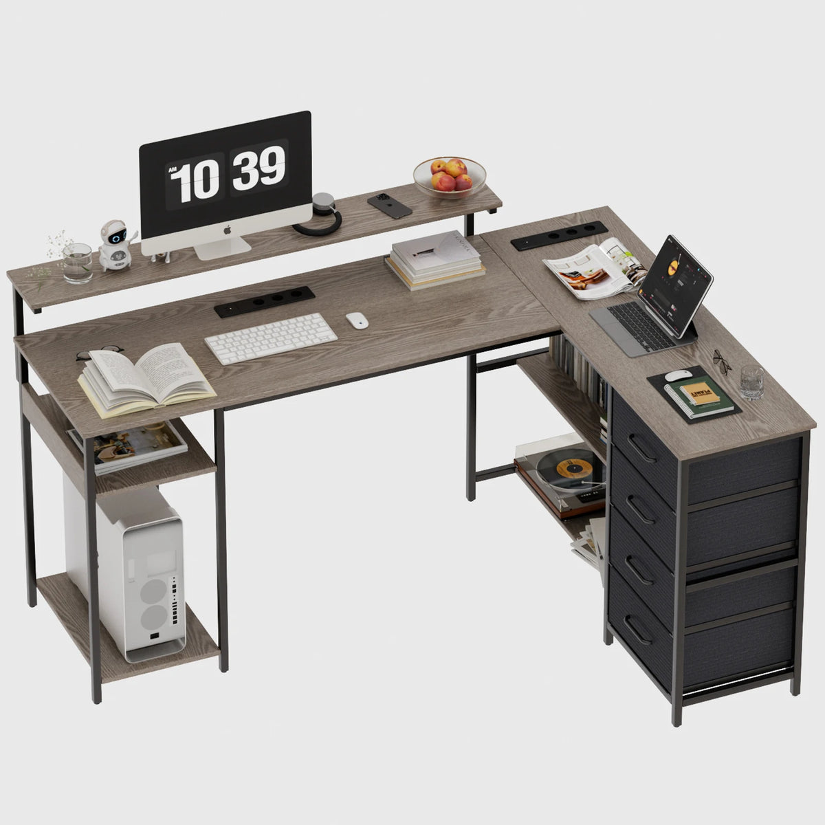 Corner Desk L Shaped Computer Desk with Monitor Stand Fabric Drawers & Storage Shelves Industrial Home Office Desk Wood Look Metal