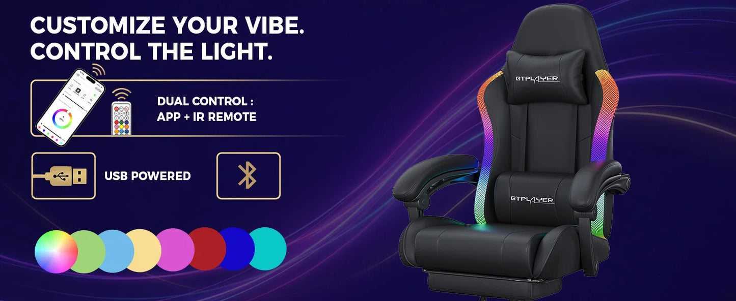 GTPLAYER Gaming Chair, Office Chair, Gaming Chair with LED Light Bar and Massage Function, Gamer Chair, Backrest with Storage Bag Ergonomic PC Chair with Remote Control