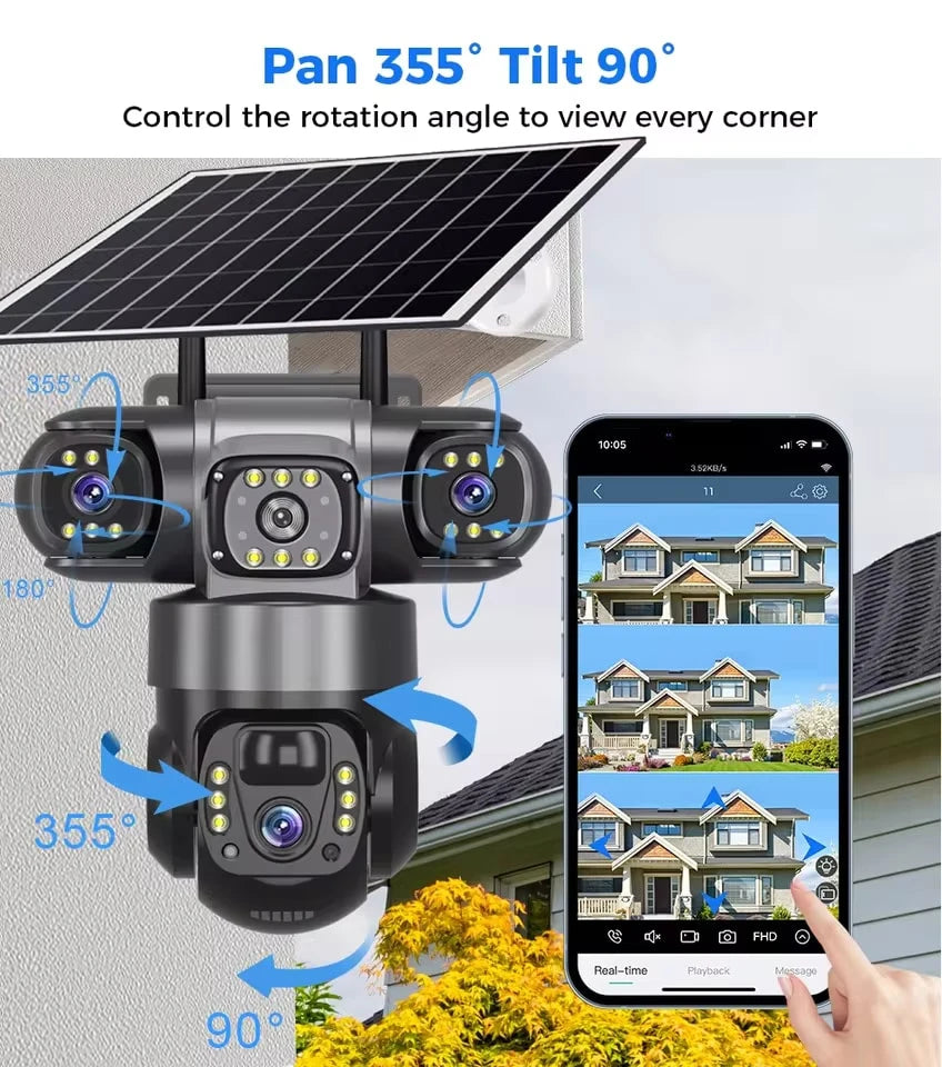 5MP 4G Solar Hunting Camera with High Definition Image Solar Panel Two-Way Audio Security CCTV Battery Camera IP66 Waterproof  + V380 Pro 12MP 10× Zoom Triple‑Lens 4G Solar‑Powered Outdoor Triple‑Screen CCTV Security C