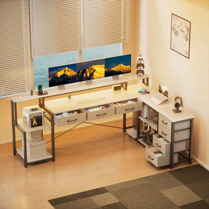 Desk, square table with drawers, sockets and USB ports, monitor stand and LED lighting included, black.