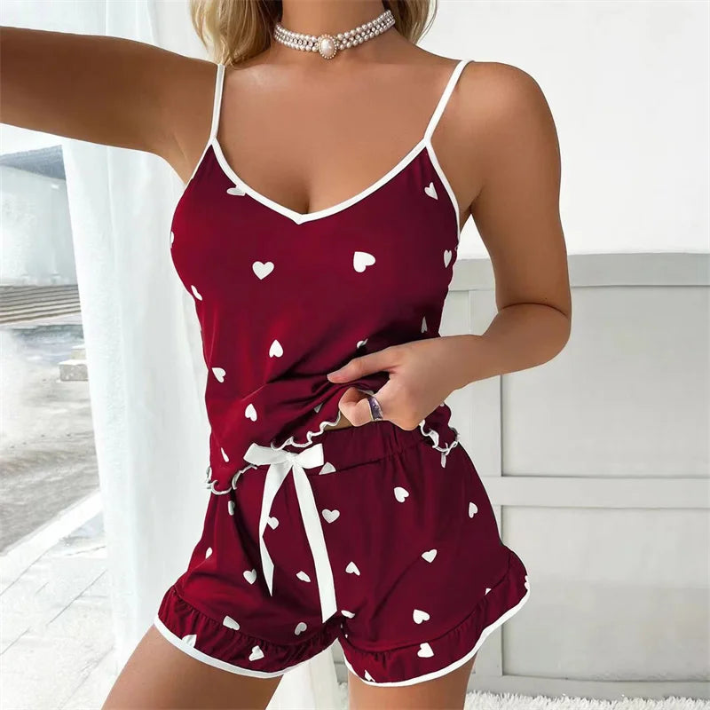 Dam Pyjamas Set Sommar – Linne & Shorts Stora Storlekar, Söt Print, 4 Färger