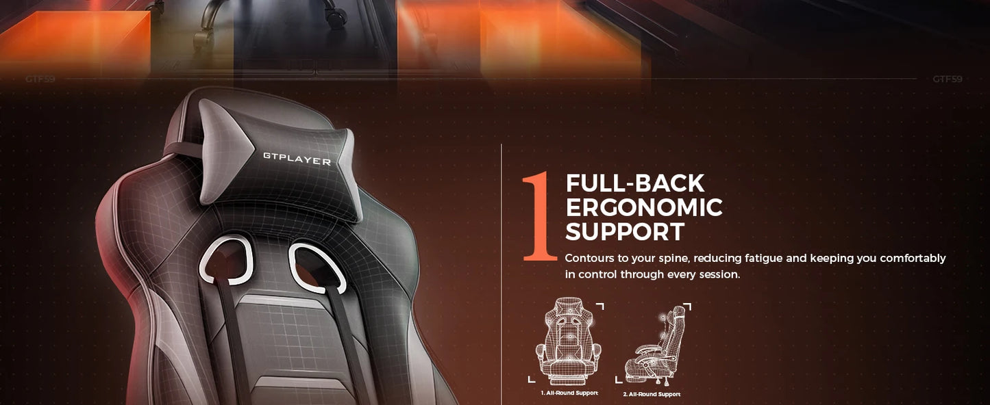 GTPLAYER Gaming chair with footrest, ergonomic office chair 180kg, heavy-duty gaming armchair with lumbar support and headrest, height-adjustable computer chair, padded, reclining 155°