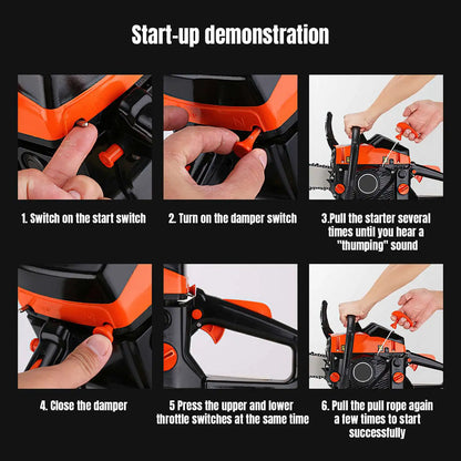 High Power 2 Stroke Gasoline Chainsaw Petrol Chain Saw Wood Cutting Tool Heavy Duty Logging Chainsaw Garden Pruning Saw Tree Cutting Machine Anti Slip Handle Home Farm Forestry Wood Cutter Professional Outdoor Power Tool Effi