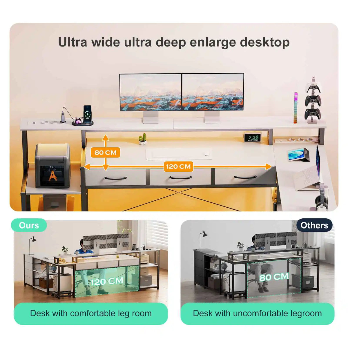 Desk, square table with drawers, sockets and USB ports, monitor stand and LED lighting included, black.