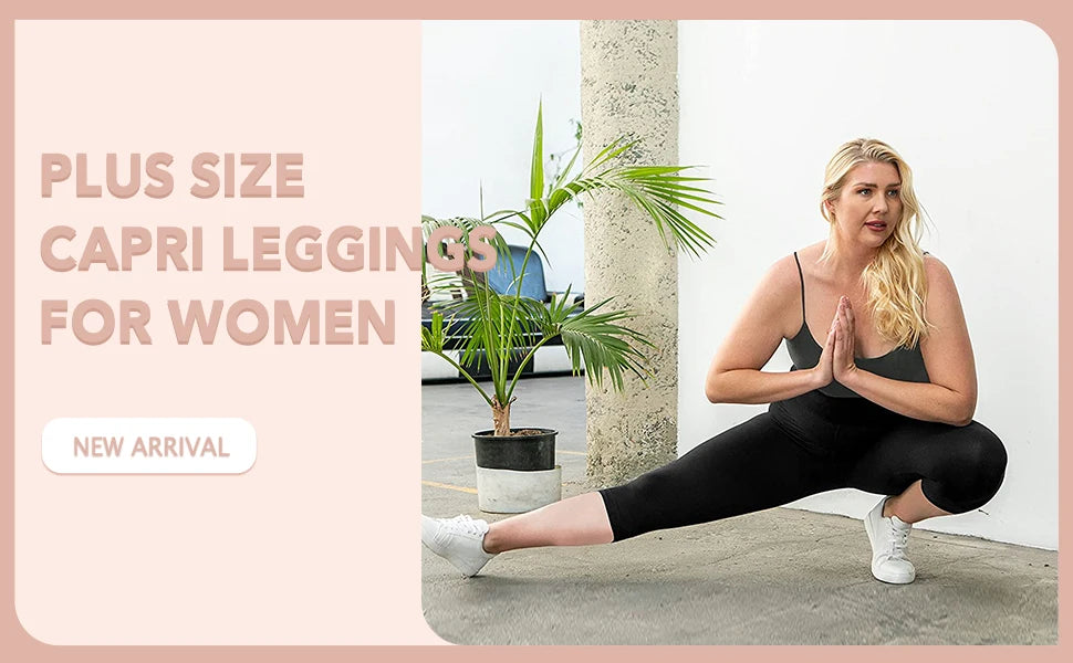 Plus Size Capri Leggings High Waist Tummy Control Stretchy Yoga Workout Women's Plus Size Pull on Stretch Capri Pants High Waist