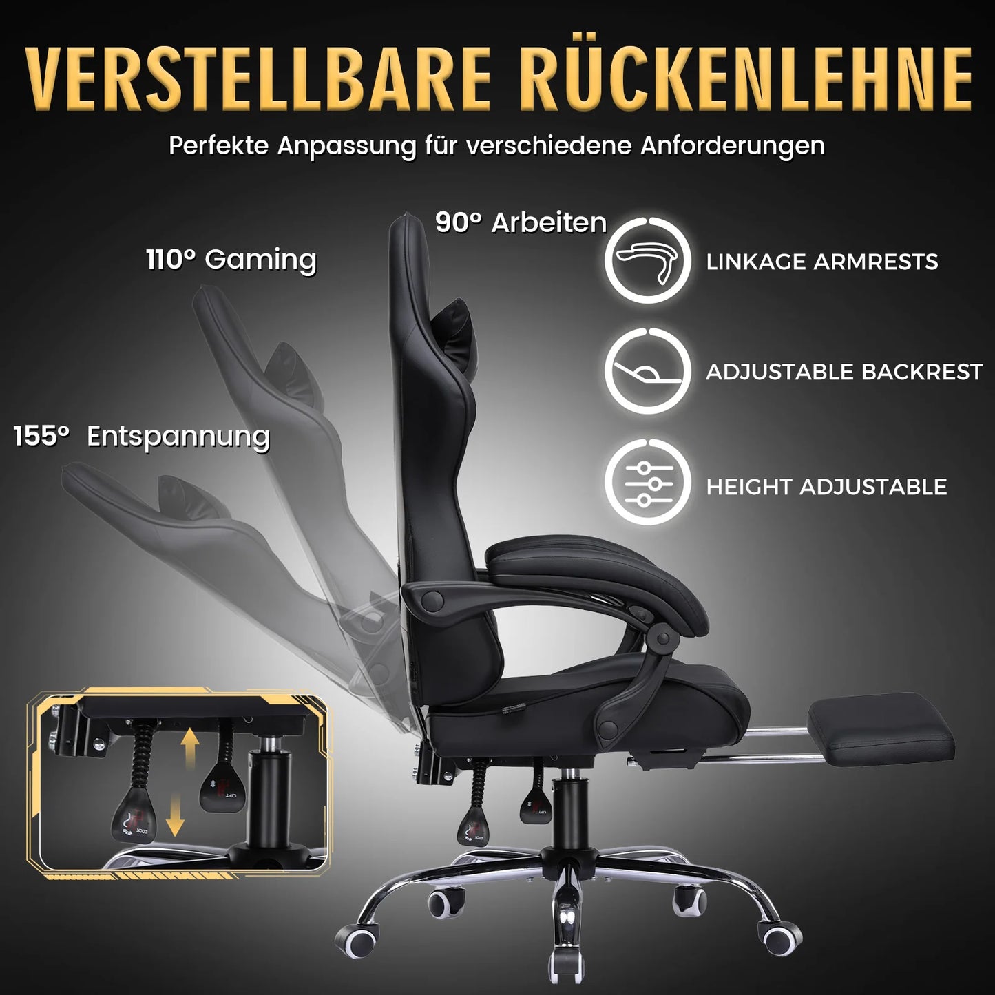 GTPLAYER Gaming chair Ergonomic Office Chair with Loin Support & Massage Function Height Adjustable Upholstered 150 kg