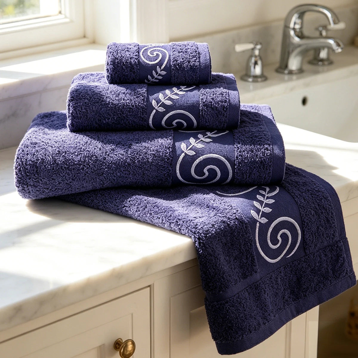 Set of 3 100% Natural Cotton Towels with Elegant Embroidery, 12 Colors Available, Set Consisting of Toilet Towel 30×50cm, Washbasin Towel 50×100cm and Bath Sheet 100×150cm, High Absorbency, Soft on the Skin, Machine Washab